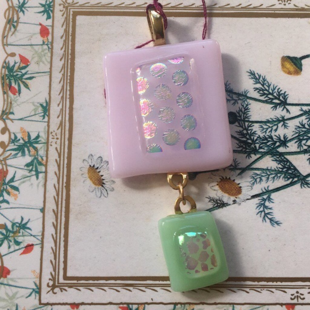 Handmade Pale Pink And Green Dichroic Glass Pendant Ooak